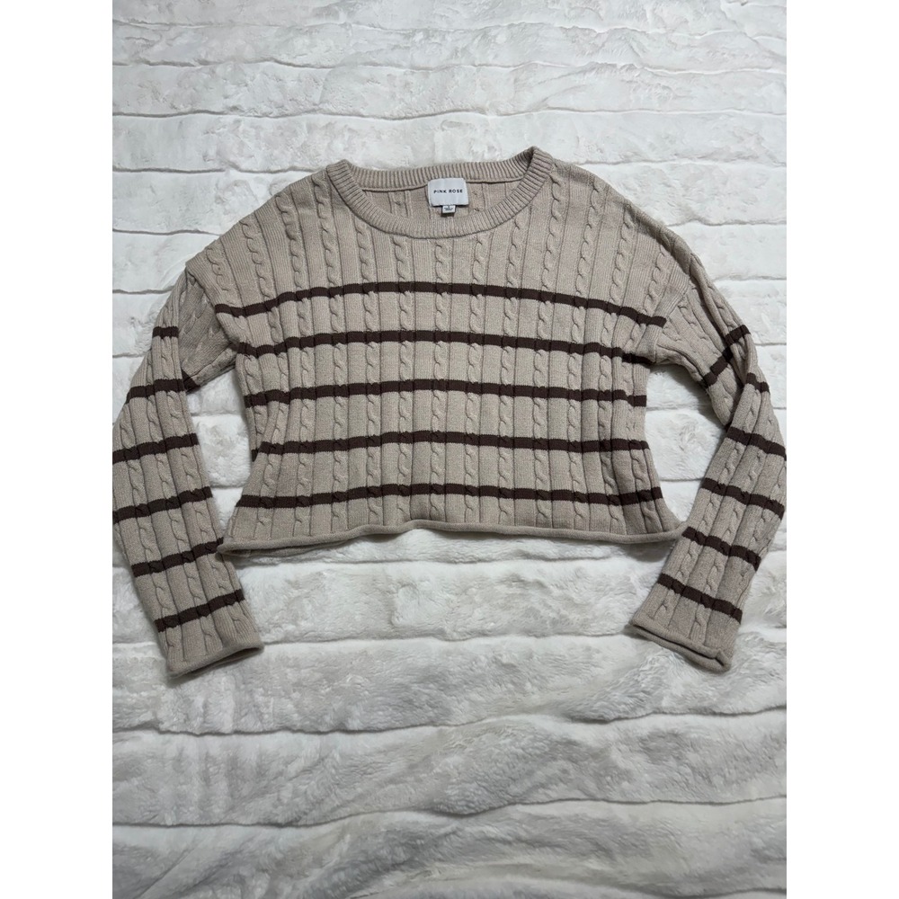 Pink Rose Cable Knit Striped‎ Cropped Sweater Beige Brown Long Sleeve Size L - Picture 6 of 8